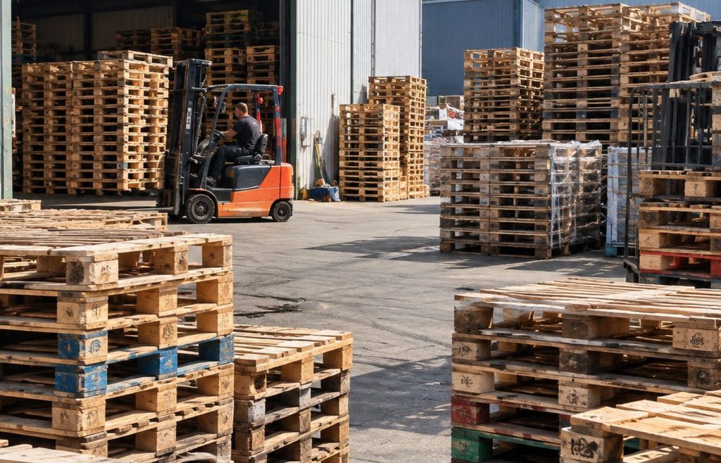 Operativa de almacén con palets usados y carretilla en Bizkaia