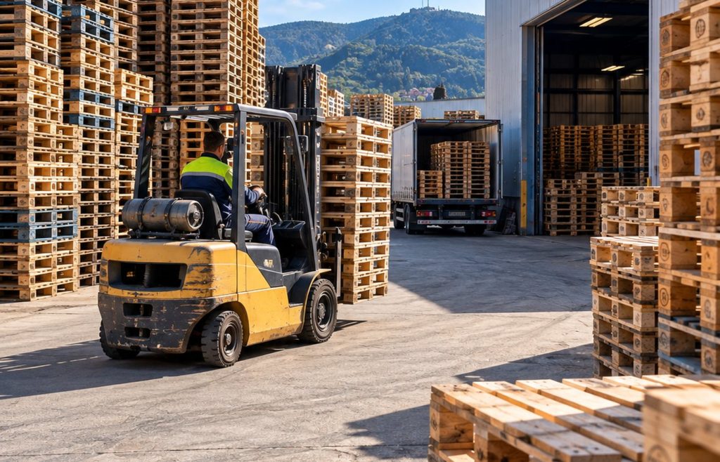 Operativa de almacén con palets usados y carretilla en Bizkaia