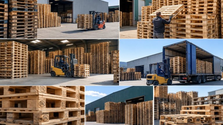 Palets europeos apilados en una instalación industrial de Bizkaia