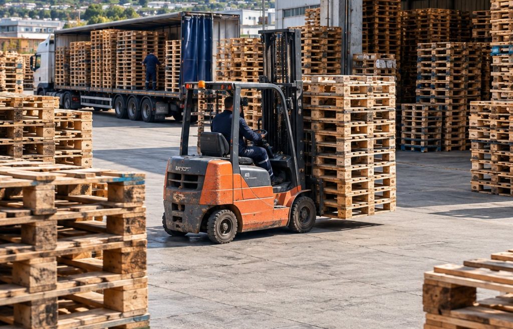 Operativa de almacén con palets usados y carretilla en Bizkaia