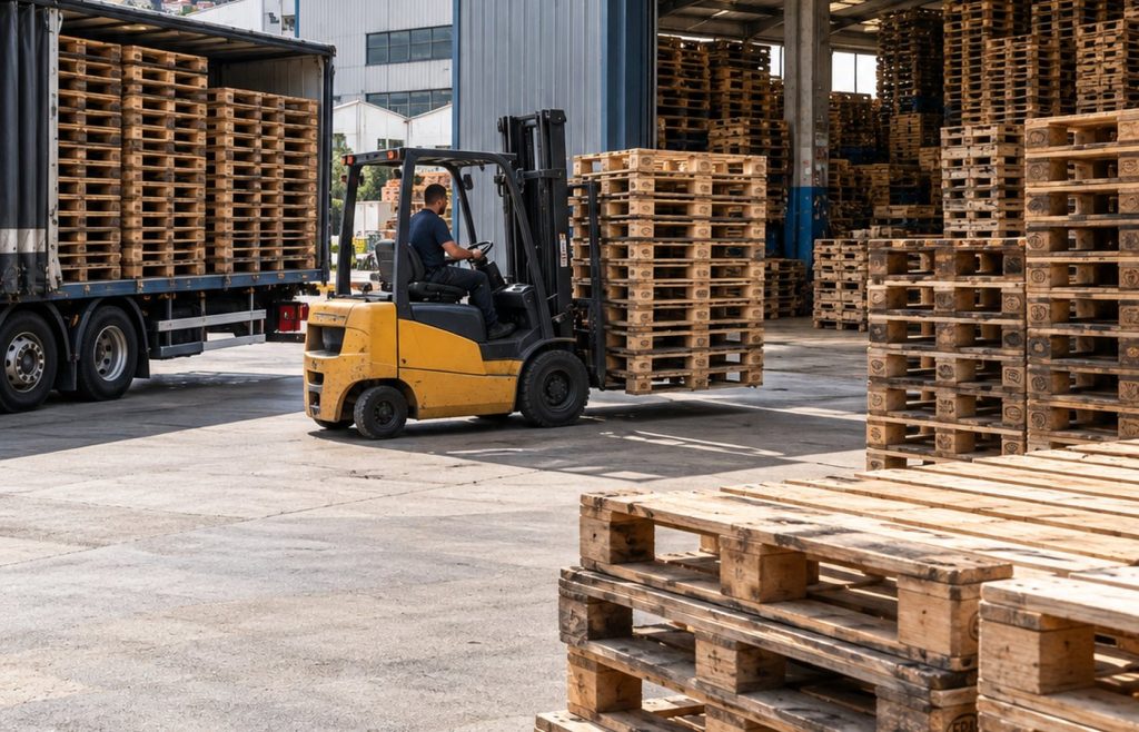 Operativa de almacén con palets usados y carretilla en Bizkaia