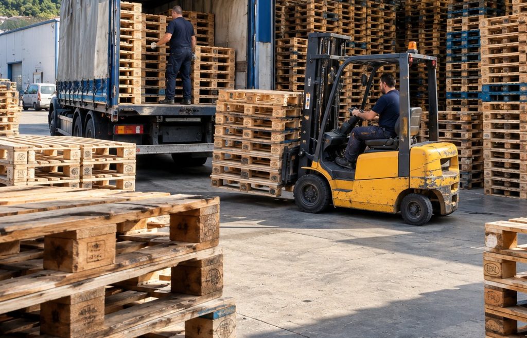 Operativa de almacén con palets usados y carretilla en Bizkaia